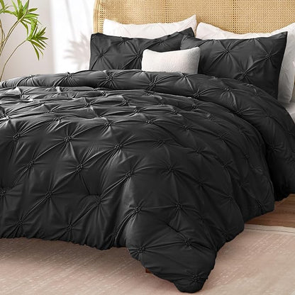 BEDELITE Black King Size Comforter Set - 3 Pieces Boho Pintuck Bedding Comforter Sets, Lightweight Soft & Warm King Bedding Set with 2 Pillowcases for All Season