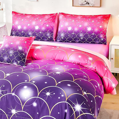 URBONUR Purple Glitter Comforter Set Full Size for Girls 6 Piece Bed in A Bag Comforter with Sheets Set, Gradient Pink Purple Sparkle Mermaid Fish Scales Bedding Comforter Set