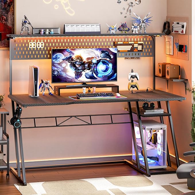 Gaming Computer Desk with Hutch and LED Lights, 55'' Black Gaming Desk with Storage Shelves, Reversible PC Gaming Desk with Pegboard, Ergonomic Desk for Bedroom, Carbon Fiber Surface