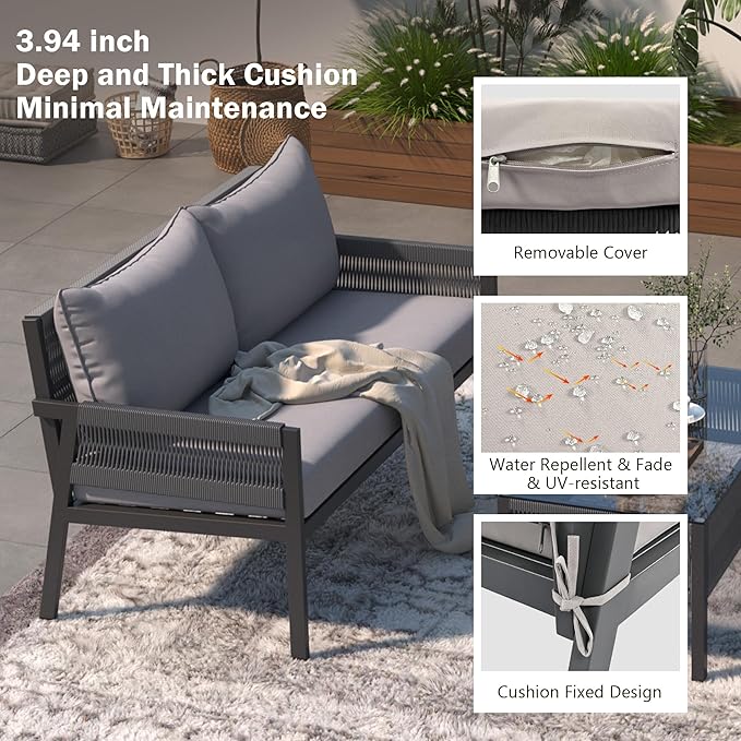4 Piece Patio Furniture Set, Outdoor FSC Certified Acacia Wood Conversation Set, All-Weather Rope Sofa Set w/Tempered Glass Table, Loveseat for Lawn Balcony Poolside, Backyard, Backyard