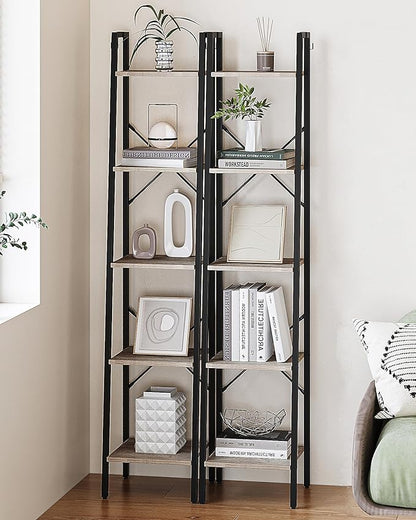 Ladder Shelf, Bookshelf Bookcase, Freestanding Corner Storage Shelve with 2 Hooks for Home Office, Living Room, Kitchen, Bedroom, Industrial, 5-Tier Greige BC03205B