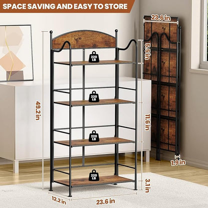 Folding Bookshelf No Assembly, 4 Shelf Black Folding Bookcase with Sturdy Metal Frame, Vintage Open Standing Collapsible Shelves for Bedroom, Living Room, Home Office Organization