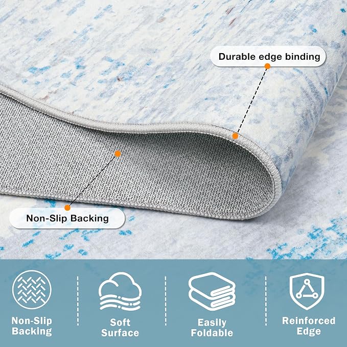 10x14 Washable Area Rug for Living Room Bedroom: Non-Slip Modern Light Blue | Machine Washable TPR Backing, Stain-Resistant Low Pile, Pet & Kid Friendly, Abstract Decor for Dining Room, Dorm, Home Office