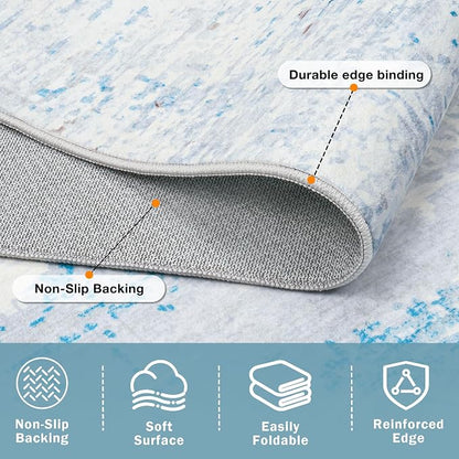10x14 Washable Area Rug for Living Room Bedroom: Non-Slip Modern Light Blue | Machine Washable TPR Backing, Stain-Resistant Low Pile, Pet & Kid Friendly, Abstract Decor for Dining Room, Dorm, Home Office