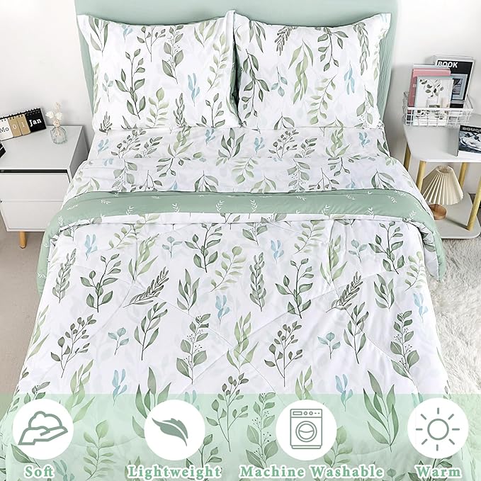 DILIMI Full Size Comforter Set for Girls, 5 Pieces Reversible Comforter Full Size, Ultra Soft Green Leaf Full Size Bed Comforter Sets with Sheet, Comforter, Flat Sheet, 2 Pillowcase