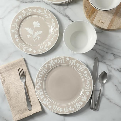 Martha Stewart Maiden Crown 12-Piece Taupe Dinnerware Set – Vegan Bone China Ceramic Plates & Bowls – Floral Design – Service for 4 – Dishwasher & Microwave Safe