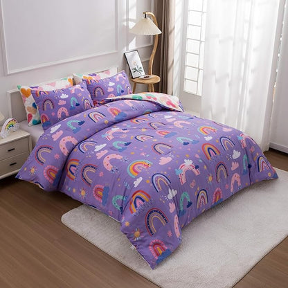 Btargot Lightweight Soft 3 Piece Rainbow Comforter Set with 2 Pillow Covers, Cartoon Love Hearts Flowers and Sun Star Bedding Set for Girls Boys Kids, Queen Dark Purple
