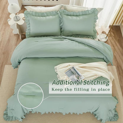 Andency Queen Size Comforter Set, Sage Green Ruffle Bedding Set, 3 Pieces Boho Comforter for Queen Bed, Farmhouse Ruffle Bed Comforter Set, Lightweight and Soft Bedding Comforter for All Seasons