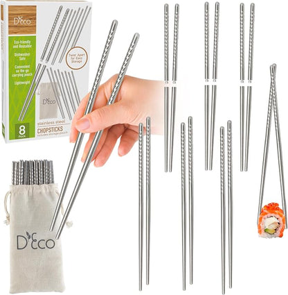 D'Eco Reusable Metal Chopsticks (8 Pairs)- Stainless Steel Twist Apart Silver Chopsticks & Travel Pouch- Lightweight, Durable, Dishwasher Safe- Great for Chinese Japanese Cuisine- On the Go Silverware