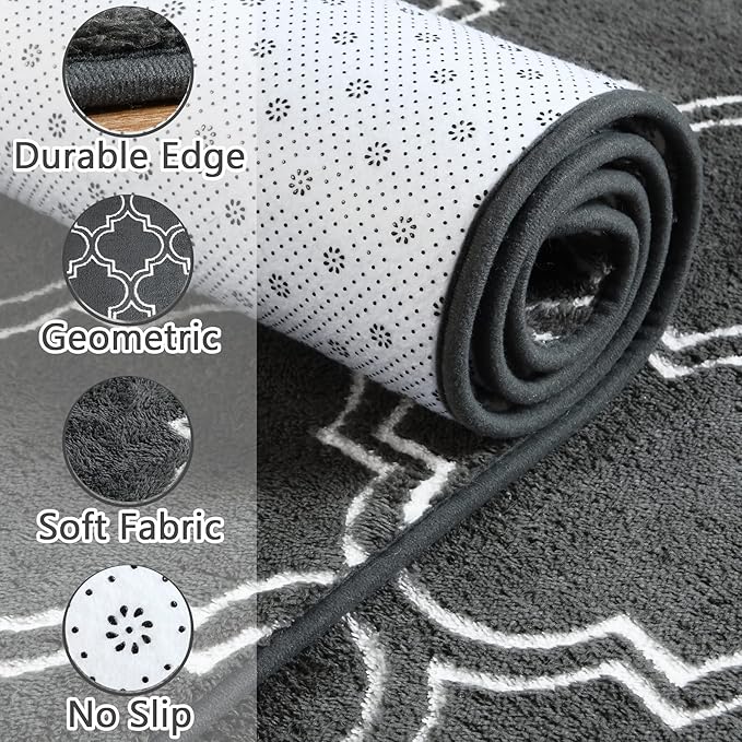 Chicrug Shag Geometric Modern Area Rug for Bedroom, 3x5 Feet Memory Foam Indoor Carpet, Fluffy Rug for Living room Bedside Room Decor for Family Girls Kids Nursery Play Mat, Dark Grey/White