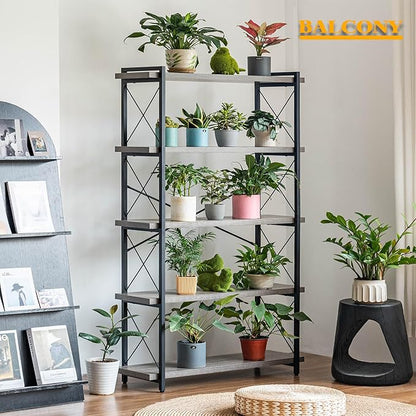 HCHQHS Bookshelf, 5-Tier Industrial Bookcase, Rustic Open Book Shelf, Freestanding Tall Bookshelves with Metal Frame