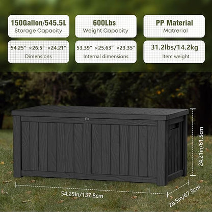 150GAL Black Large - Capacity Outdoor Deck Box with Lockable Compartment - Waterproof, SGS - Protected Against UV, Ideal for Storing Large Patio Furniture Sets and Seasonal Decor, Hassle