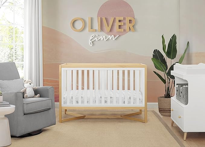 Delta Children Tribeca 4-in-1 Baby Convertible Crib + Simmons Kids Quiet Nights Crib and Toddler Mattress Made from Recycled Water Bottles/GREENGUARD Gold Certified [Bundle], Bianca White/Natural