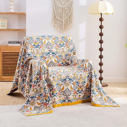 Boho Blanket Throw Quilt, 100% Cotton Soft Light Weight Throw Blankets for Summer, 50"x60" Farmhouse Flower Decorative Blankets, All Season Rustic Reversible Bohemian Throw Quilt