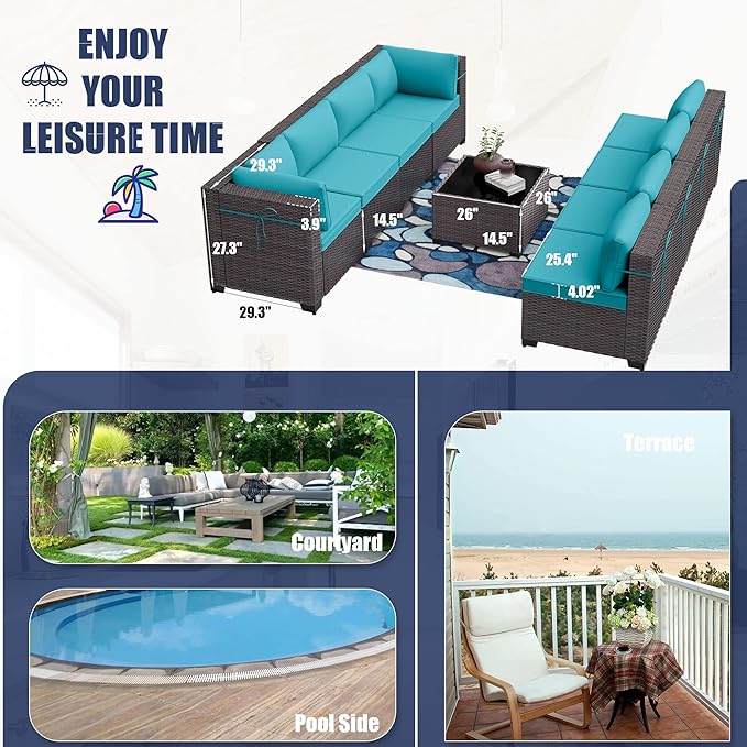 Outdoor Furniture Set 7PCS Patio Furniture for Backyard Wicker Sectional Sofa Set 6 Seats, PE Rattan Outdoor Conversation Set with Thickened Cushions and Glass Coffee Table, Blue