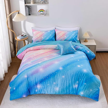 Btargot Super Soft 6 Pieces Gradient Star Ring Comforter Set, Colorful Glitter Rainbow Star Pattern Bedding Set for Boys Girls Teens, Twin Light Blue