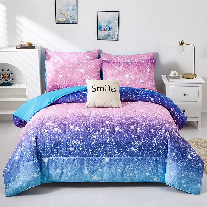 Purple Glitter Comforter Set Twin Size for Girls, Sparkle Galaxy Twinkle Starlight Comforter for Twin(2-Piece)