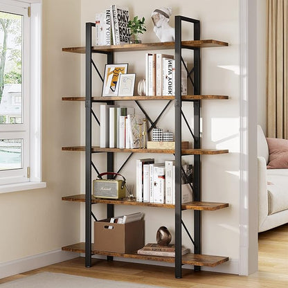 YITAHOME 5 Tier Bookshelf, 70.9" Tall Industrial Bookcase, Wide Open Display Storage Book Shelf for Living Room/Bedroom/Home/Office, Rustic Brown