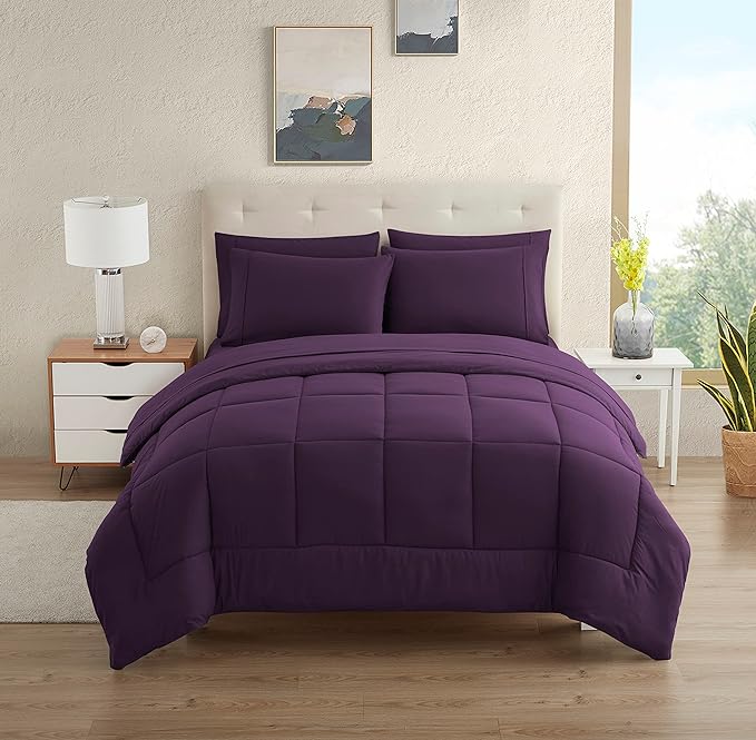 Dorm Room Essentials College Bedding Comforter Set 5 Piece Twin Size Bed in a Bag for College Students Boys and Girls, Twin, Purple