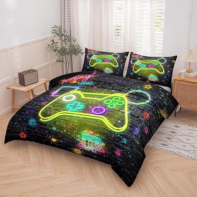 Twin Bedding Sets for Boys, Gamer Comforter Sets for Boys Teens, 3D Printed Gaming Console Soft Microfiber Bedding Sets, Twin Bed Comforter Set for Boys (1 Comforter +1 Pillowcases)