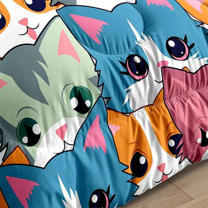 Neon Cats Bedding Set for Girls - Full Size Cartoon Cats Comforter Set for Girls Room Black Cats Pattern Girls Full Size Bedding Set Soft Breathable Cats Comforter with 2 Pillowcases for All-Season