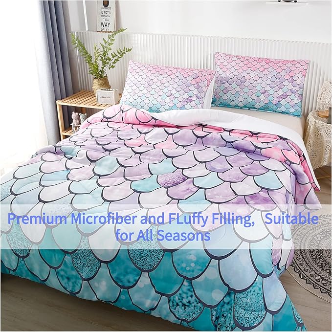 RYNGHIPY 2Pcs Colorful Mermaid Scale Print Comforter Bedding Set Twin Size, Soft Microfiber Coverlet Set/Bedspread/Quilt Set with Colorful Scale Design (Mermaid,Twin)