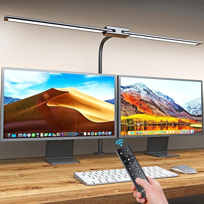 LASTAR LED Desk Lamp with Remote Control ＆ 32.5" Wide Double Head, Architect Desk Lamp for Home Office with Clamp, Timer, 24W Ultra Bright Gooseneck Desk lamp for Computer Reading, Black