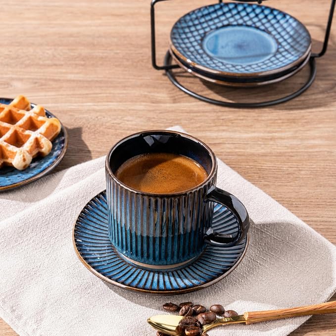 GBhome 6 OZ Stackable Coffee Mugs Set of 4, Ceramic Espresso Coffee Cups | Coffe Cups With Saucer and Stand, Dishwasher&Microwave Safe, 4 Assorted Designs