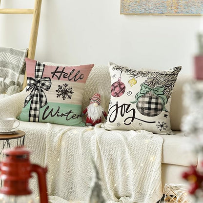 AVOIN colorlife Merry Christmas Joy Xmas Trees Colorful Throw Pillow Covers, 18 x 18 Inch Christmas Winter Holiday Cushion Case Decoration for Sofa Couch Set of 4