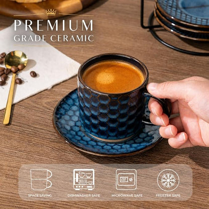 GBhome 6 OZ Stackable Coffee Mugs Set of 4, Ceramic Espresso Coffee Cups | Coffe Cups With Saucer and Stand, Dishwasher&Microwave Safe, 4 Assorted Designs