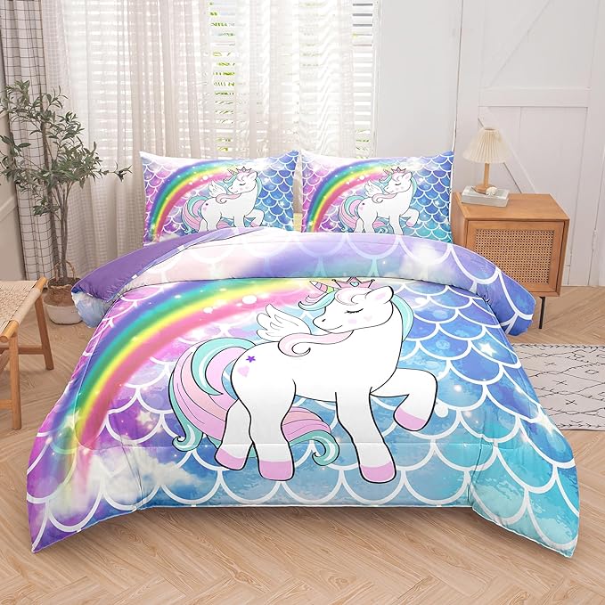 Tailor Shop Unicorn Comforter Sets Queen Size,Blue Unicorn Bedding Sets for Girls Kids Teens with 2 Pillowcase……