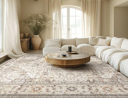 Washable Area Rugs for Living Room - 6x9 Neutral Vintage Distressed Floral Farmhouse Boho Large Soft Floor Rug Indoor Non Slip Carpet for Bedroom Dining Room Office - Brown/Multi