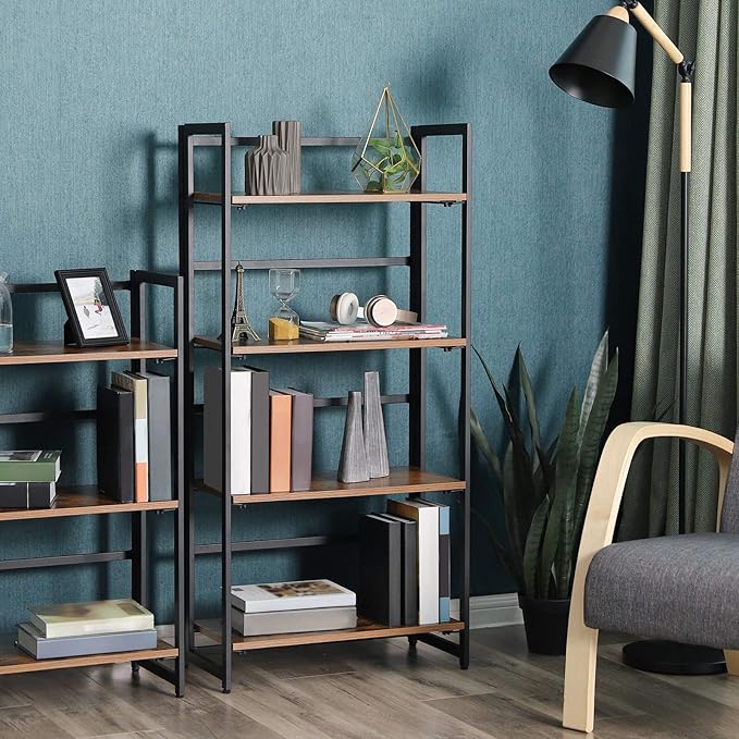 VASAGLE Industrial Bookshelf, Folding Bookcase, 4-Tier Ladder Shelf, Wood Look Accent Furniture with Metal Frame, for Home Office Sturdy and Stable ULLS88X