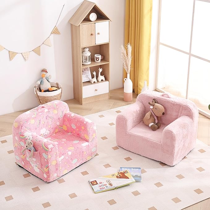 Tiita Toddler Chair Couch, Comfy Fold Out Kids Sofa, Lightweight Children Couch with Carrying Handle & Side Pockets, Kids Foam Armrest Read Sofa for Girl or Boy, Pink
