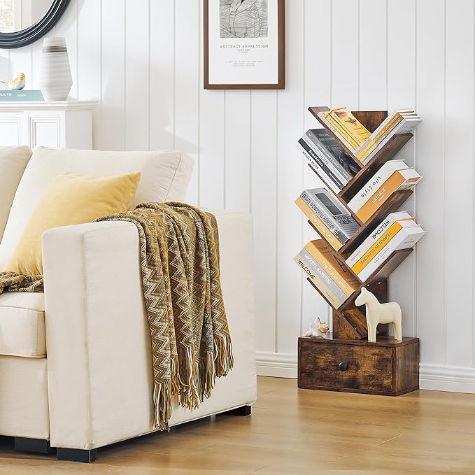 7 Tier Tree Bookshelf with Drawer, Tree Bookcase, Floor Standing Tall Wood Bookshelves for Bedroom, Living Room, Home Office, Rustic Brown