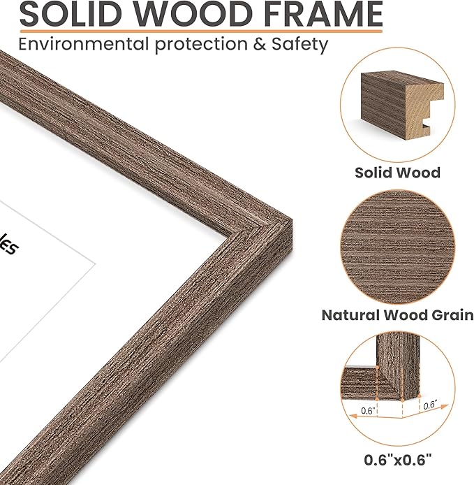 upsimples 12x16 Picture Frame, Natural Solid Wood Picture Frames, Display 8.5x11 with Mat or 12 x 16 Without, Vertical & Horizontal Wall Hanging, 1 Pack, Brown