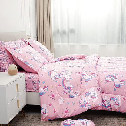 Mooreeke Kids Comforter Bed Set Full Size for s Girls, 8 Pieces Bed in a Bag with Shams, Sheet Set, Pink Unicorn Full Soft Microfiber Kids Comforter Bedding Set
