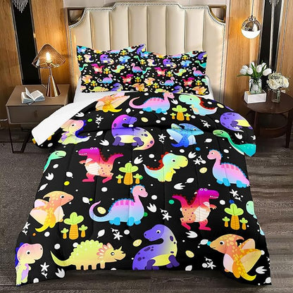 Cartoon Dinosaur Comforter Set for Boys Colorful Gradient Dinos Bedding Sets Queen Size Cute Dinosaurs Prints Comforter Set Soft Microfiber 3Pcs Bed Sets with 2 Pillowcases