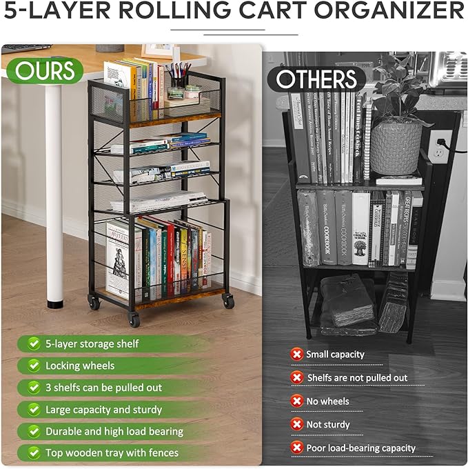 Heyexiha 5 Tier Book Shelf with Sliding Trays, Metal & Wooden Bookcase, Durable Rolling Book Cart, Book Shelf with Wheels, Small Book Shelf Storage Bookcase for Living Room, Bedroom, and Home Office