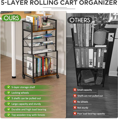 Heyexiha 5 Tier Book Shelf with Sliding Trays, Metal & Wooden Bookcase, Durable Rolling Book Cart, Book Shelf with Wheels, Small Book Shelf Storage Bookcase for Living Room, Bedroom, and Home Office