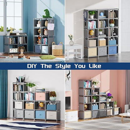 Mavivegue Bookshelf,15 Cube Storage Organizer,Book Shelf Organizer,Tall Bookcase Shelf,Book Cases/Shelves,Grey Cube Shelf,Cubbies Closet Storage Organizer Shelves for Bedroom,Living Room,Home,Office