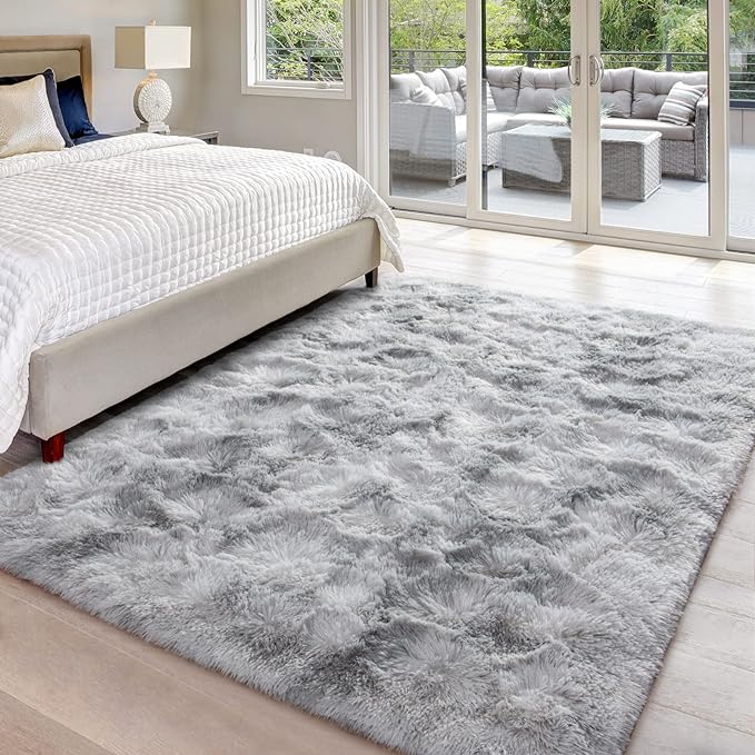 4x6 Large Area Rugs for Living Room, Super Soft Fluffy Modern Bedroom Rug, Tie-Dyed Light Grey Indoor Shag Fuzzy Carpets for Girls Kids Nursery Room Home Decor