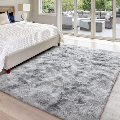 4x6 Large Area Rugs for Living Room, Super Soft Fluffy Modern Bedroom Rug, Tie-Dyed Light Grey Indoor Shag Fuzzy Carpets for Girls Kids Nursery Room Home Decor