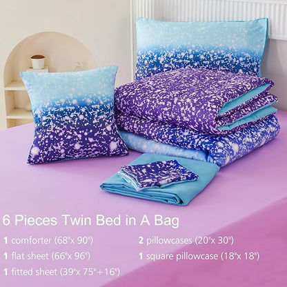 PERFEMET Blue Purple Girls Twin Comforter Set with Sheets, 6Pcs Glitter Tie Dye Rainbow Kids Girls Bedding Sets, Sparkle Gradient Ombre Bed in A Bag for Bedroom Decor