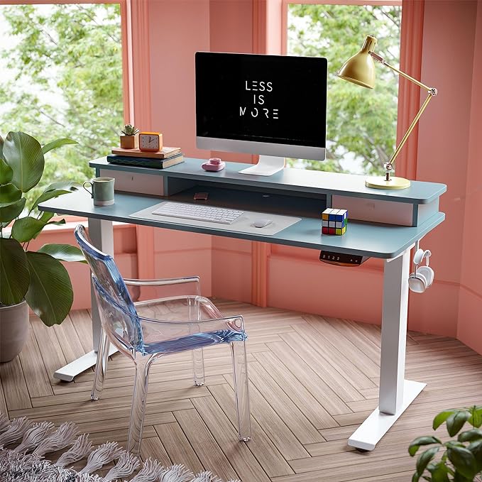 FEZIBO 55 x 24 Inch Height Adjustable Electric Standing Desk with Double Drawer, Stand Up Desk with Storage Shelf, Sit Stand Desk, Blue