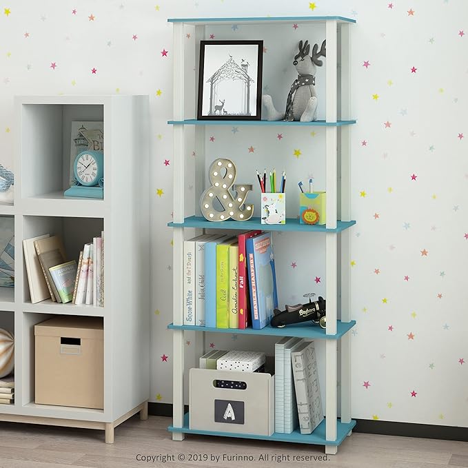 Furinno Turn-N-Tube 5-Tier Multipurpose Shelf / Display Rack / Storage Shelf / Bookshelf, Square Tubes, Light Blue/White