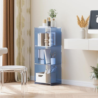 Acrylic Bookcase, 3 Tier Clear Floor Standing Bookshelf, 31.5 inch Tall Display Cube Storage Shelf Home Decor Furniture for Home, Office, Living Room, Bedroom - Transparent Blue