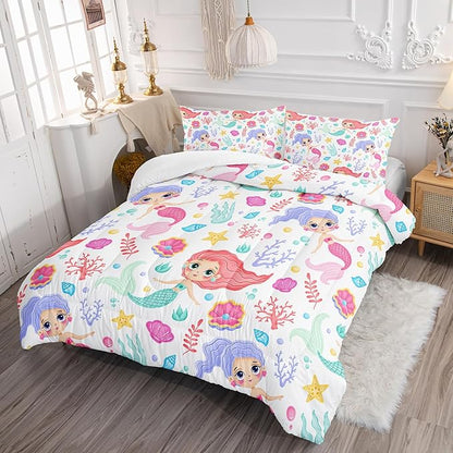 Mermaid Comforter Set Twin Size Fairy Tale Sea Shell Grass Bedding Set Starfish Quilt Bed Set for Kid Girls with 1 Comforter and 2 Pillowcases