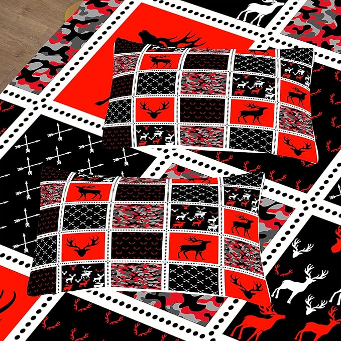 Tailor Shop Deer Comforter Sets for Kids Boys Teens Camo Comforter Sets Queen Black and Black Red Bedding Set Room Decor, with 2 Pillowcase