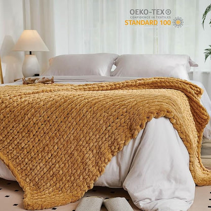 Esterra Chunky Knit Throw Blanket Newly Upgraded Heavy Tighter Version, Handmade Chenille Throw Super Soft, Thick Yarn Cable Knit Crochet Throw Blanket for Couch Bed Sofa (50"x60" Mustard Yellow)